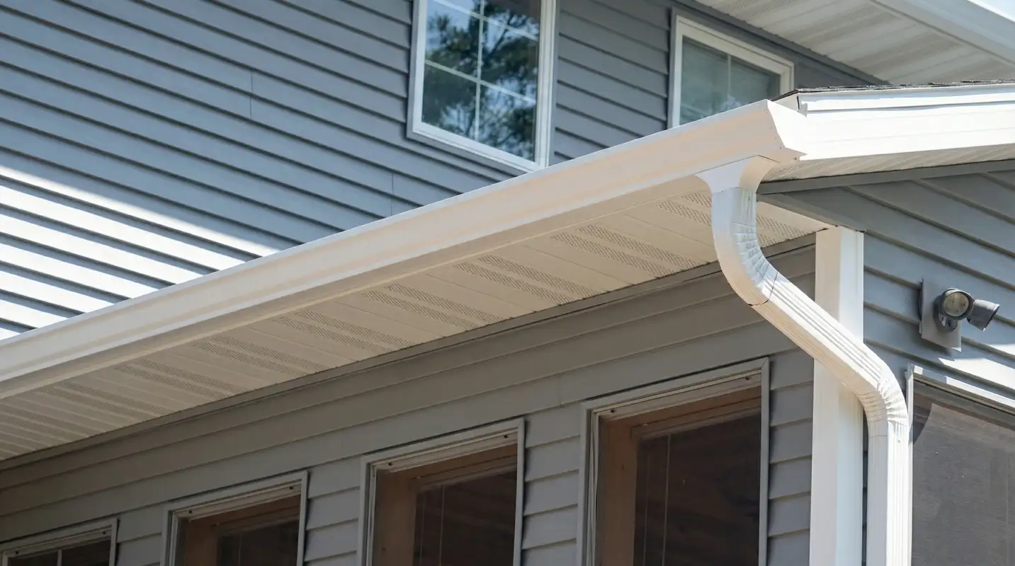 Professional home remodeling project showing newly installed white seamless gutters and downspouts on a house with gray siding in Naperville, IL
