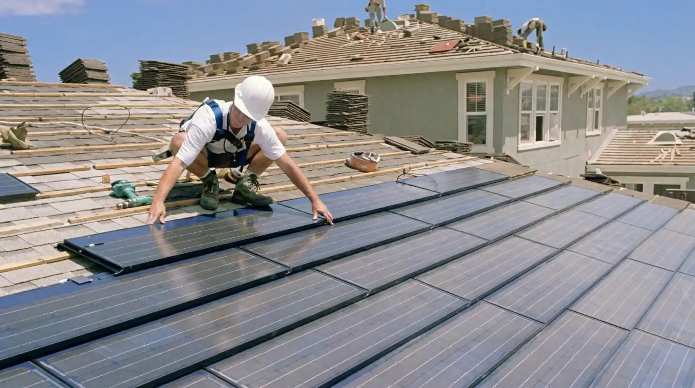 Roof replacement expert installing modern solar shingles on a residential home in Naperville, IL