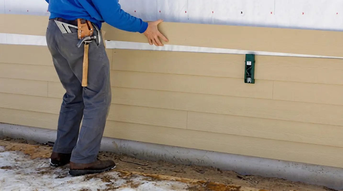 Siding replacement expert carefully aligning a new tan siding panel onto a residential exterior wall in Naperville, IL