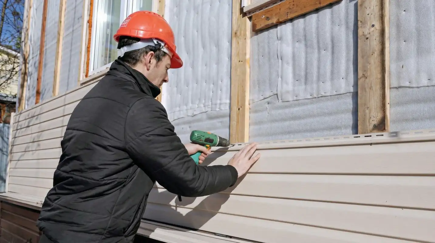 Siding replacement professional using a power drill to install new tan vinyl siding on a home exterior in Naperville, IL