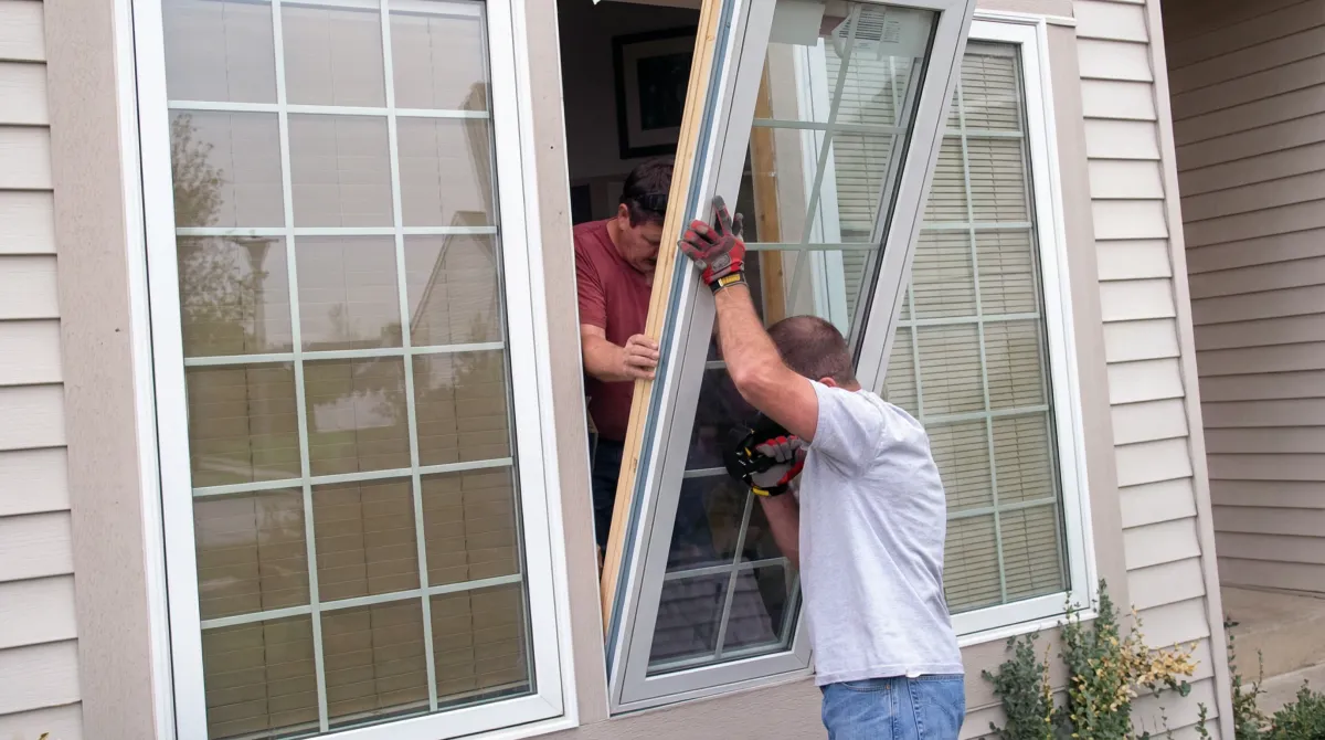 Professional home remodeling team installing a large replacement window on a house with tan siding in Naperville, IL
