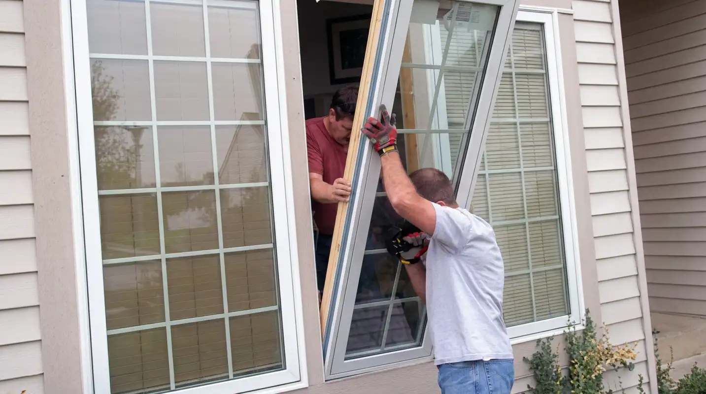 Professional home remodeling team installing a large replacement window on a house with tan siding in Naperville, IL